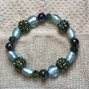 Iridescent Green & Blue Beaded Stretch Bracelet - Handmade by Evelyn